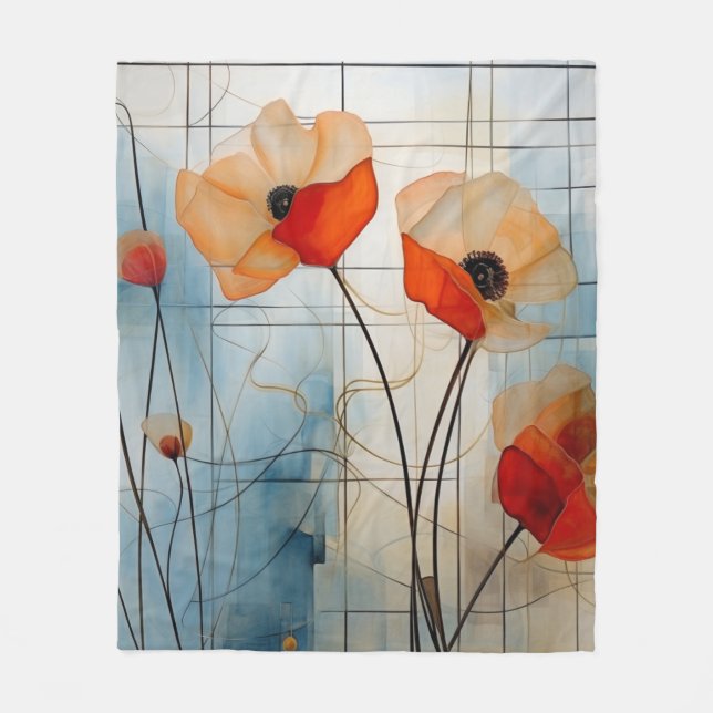 Abstract Poppy Flowers in Modern Geometric Style 2 Fleece Blanket (Front)