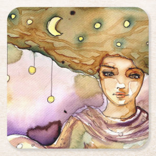 Abstract portrait and pretty woman square paper coaster