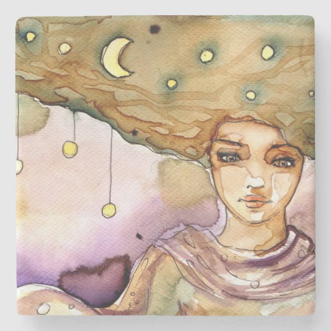 Abstract portrait and pretty woman stone coaster (Front)