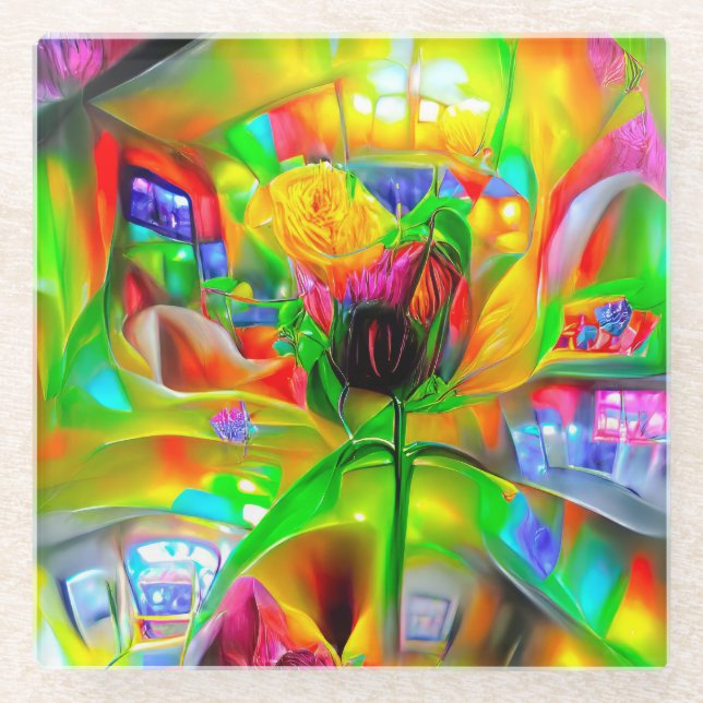 Abstract Psychedelic Flowers  Glass Coaster (Front)