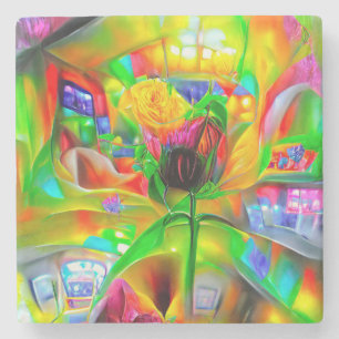 Abstract Psychedelic Flowers Stone Coaster