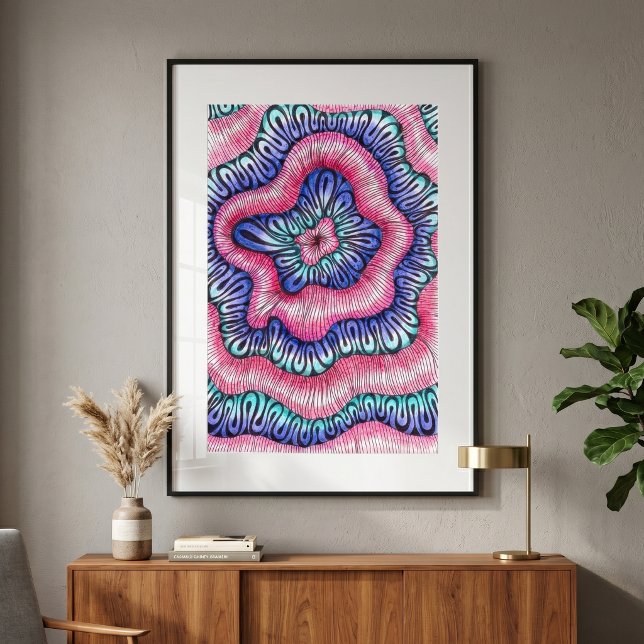 Abstract Psychedelic Pink Blue Wavy Line Art Poster (Creator Uploaded)