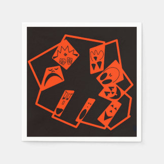 Abstract, pumpkin faces on black, Halloween Napkin