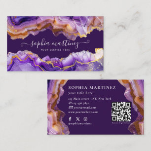 Abstract Purple Agate gold glitter marble QR Code Business Card