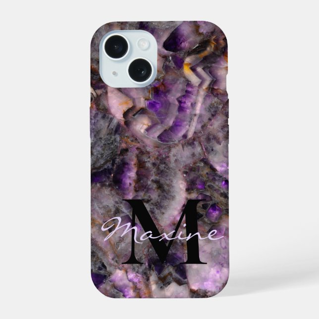 Abstract purple amethyst quartz marble monogram iPhone 15 case (Back)