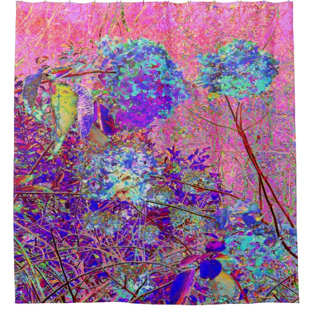 Abstract Purple and Blue Hydrangea with Magenta Shower Curtain (Front)