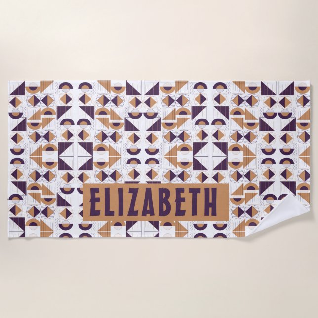abstract Purple and gold Pattern custom name Beach Towel (Front)