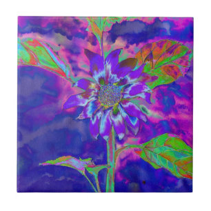Abstract purple blue sunflower   retro funky fun ceramic tile