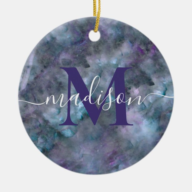 Abstract purple blue teal quartz marble granite   ceramic ornament (Front)