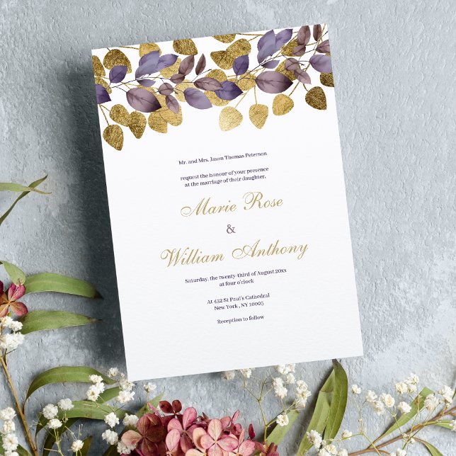 Abstract purple brown gold foliage Wedding Invitation (Abstract purple brown gold foliage Wedding )