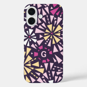 Abstract Purple Bursts Monogram Initial iPhone 16 Case