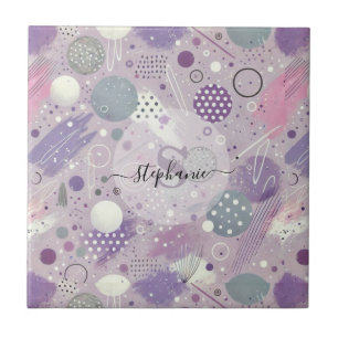 Abstract Purple Circles with Paint Strips Accents Ceramic Tile