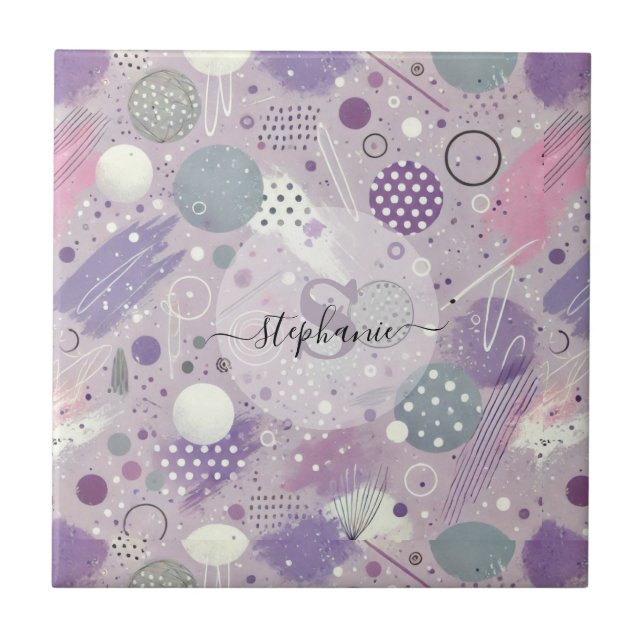Abstract Purple Circles with Paint Strips Accents Ceramic Tile (Front)