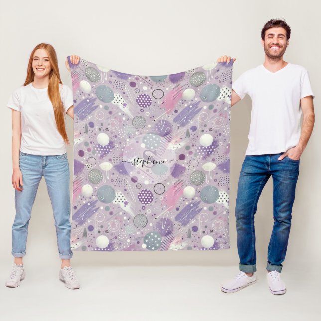 Abstract Purple Circles with Paint Strips Accents Fleece Blanket (In Situ)