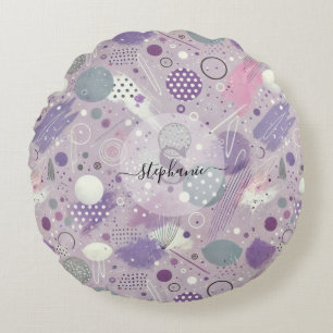 Abstract Purple Circles with Paint Strips Accents Round Cushion