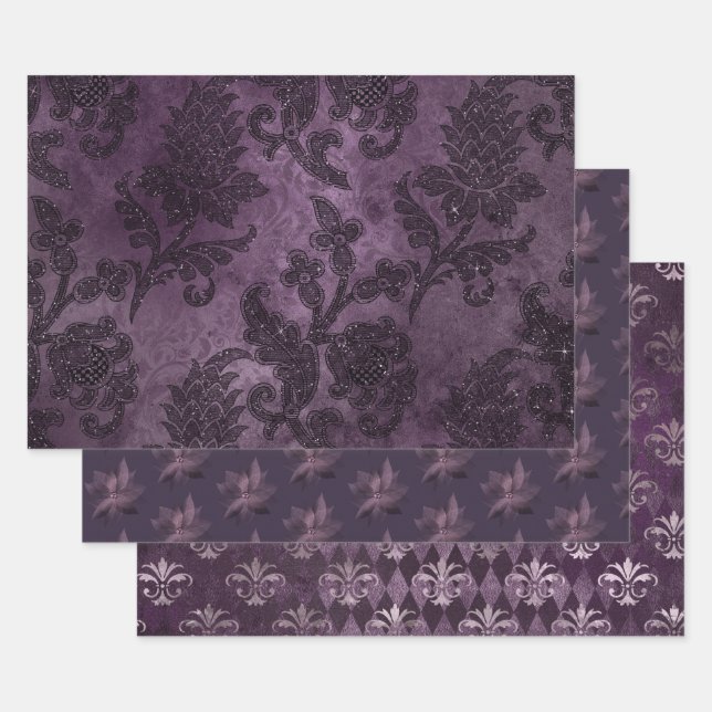 Abstract Purple Floral Exotic Glamour Formal Wrapping Paper Sheet (Set)
