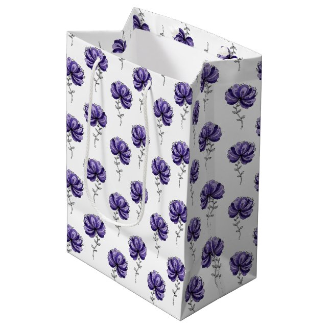 Abstract Purple Flower Doodle Art Style Medium Gift Bag (Front Angled)