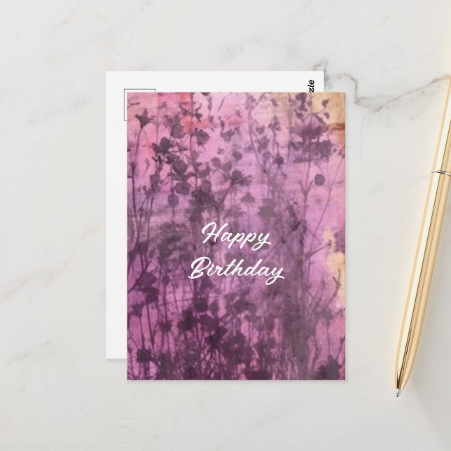 Abstract Purple Flowers Birthday Watercolor Postcard (Front/Back In Situ)
