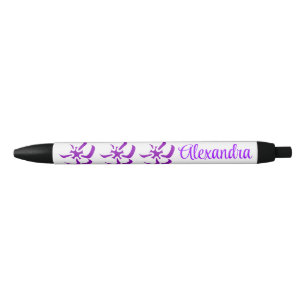 Abstract Purple Flowers Custom Name Black Ink Pen