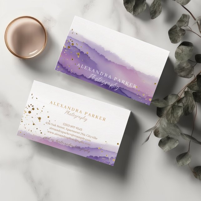 Abstract Purple & Gold Watercolor Landscape Script Business Card (Creator Uploaded)