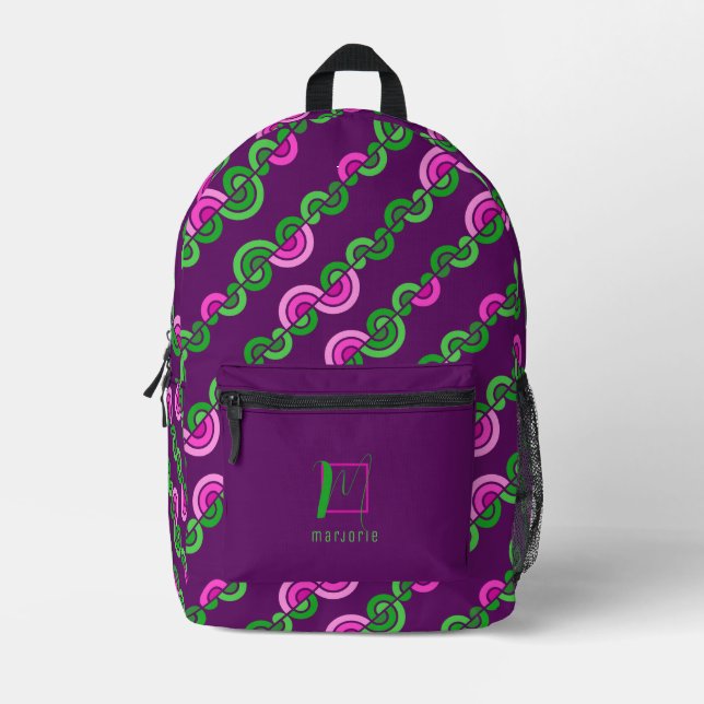 Abstract purple green flowers pattern printed backpack (Front)
