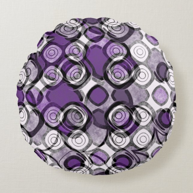 Abstract Purple, Grey and Black Circle Pattern Round Cushion (Front)