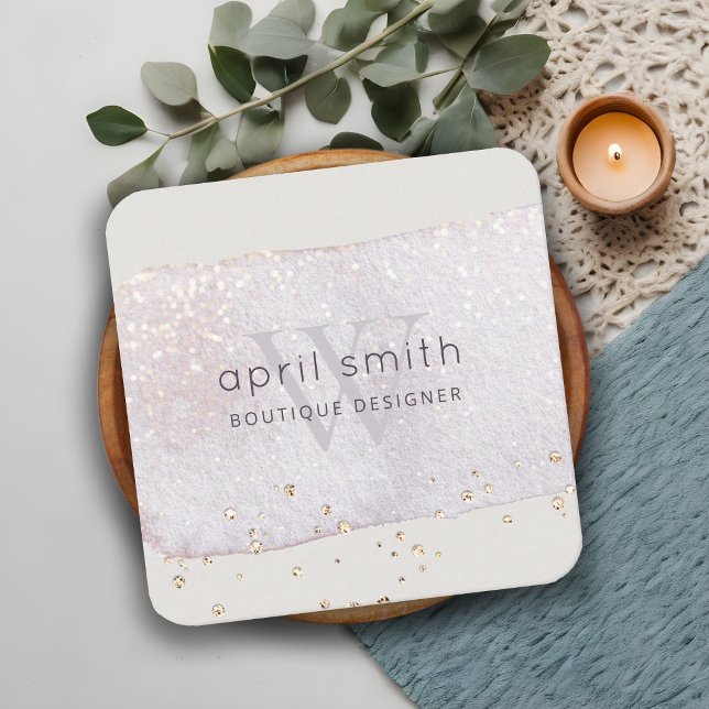 Abstract Purple Lilac Brush Stoke Monogram Glitter Square Business Card (Creator Uploaded)