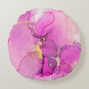 Abstract purple, lilac, pink, gold background, round cushion