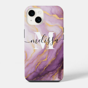Abstract Purple Marble Monogram Calligraphy iPhone 14 Case