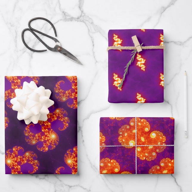 Abstract Purple Orange Fractal Art Pattern Wrapping Paper Sheet (Front)