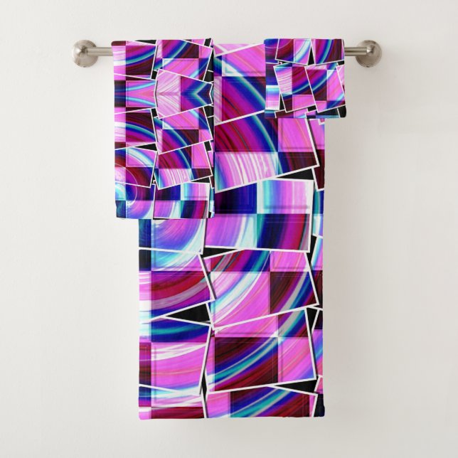 Abstract Purple Pink Squares Geometric Pattern Bath Towel Set (Insitu)