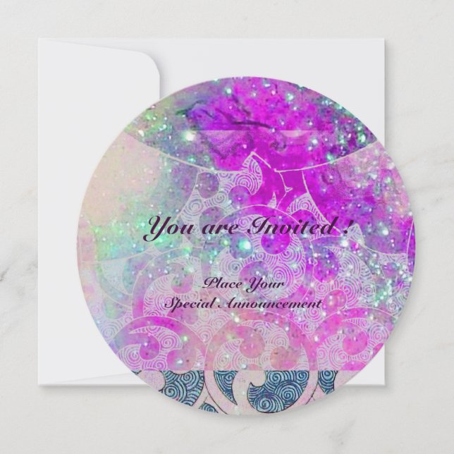 ABSTRACT PURPLE PINK TEAL BLUE WAVES  IN SPARKLES INVITATION (Front)