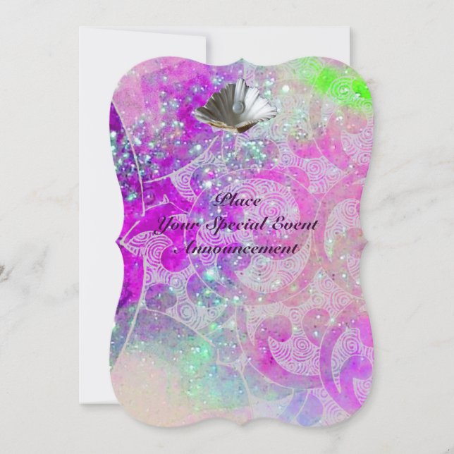 ABSTRACT PURPLE PINK WAVES SEASHELLS ,BLUE RIBBON INVITATION (Front)