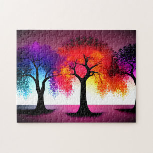 Abstract Purple Red Yellow Black Silhouette Trees Jigsaw Puzzle