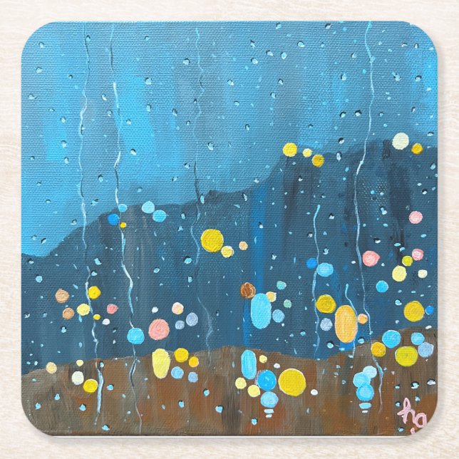 Abstract Rain Painting Square Paper Coaster (Front)
