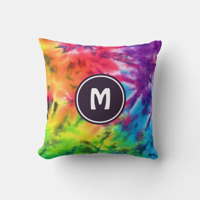 Abstract Rainbow Batik Tie Dye Retro Boho Monogram Cushion (Front)