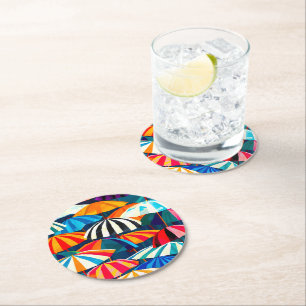 Abstract Rainbow Beach Umbrella Round Paper Coaster
