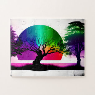 Abstract Rainbow Behind Black Tree Silhouettes Jigsaw Puzzle