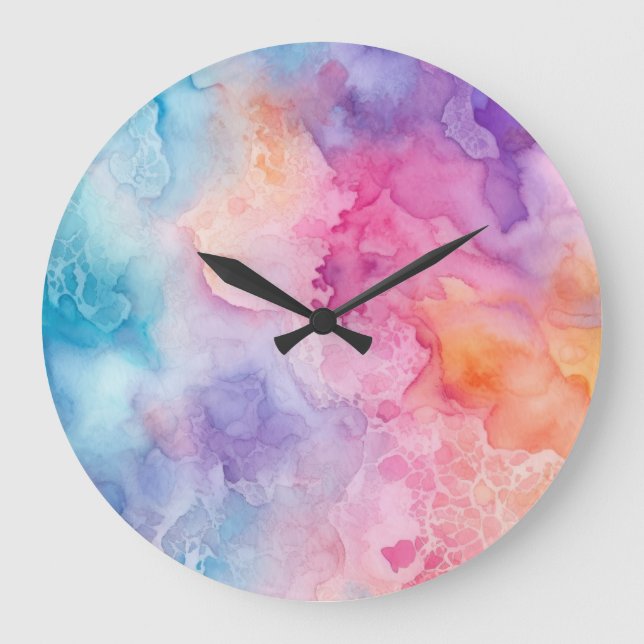 Abstract Rainbow Clouds Watercolour  Large Clock (Front)
