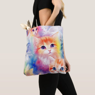 ABSTRACT RAINBOW COLORED KITTY CAT FACES TOTE BAG