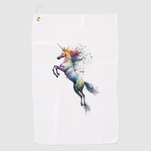Abstract rainbow coloured watercolor of an unicorn golf towel