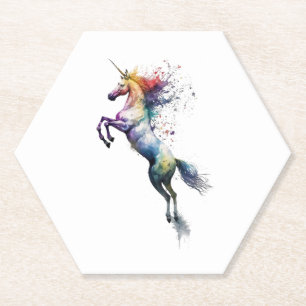 Abstract rainbow coloured watercolor of an unicorn paper coaster
