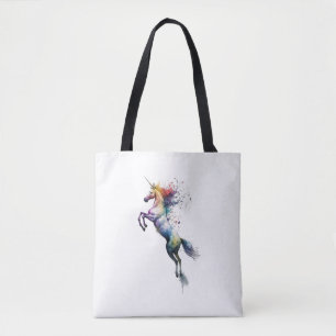 Abstract rainbow coloured watercolor of an unicorn tote bag