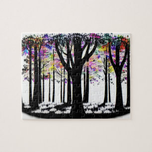 Abstract Rainbow Confetti in Silhouette Forest Jigsaw Puzzle