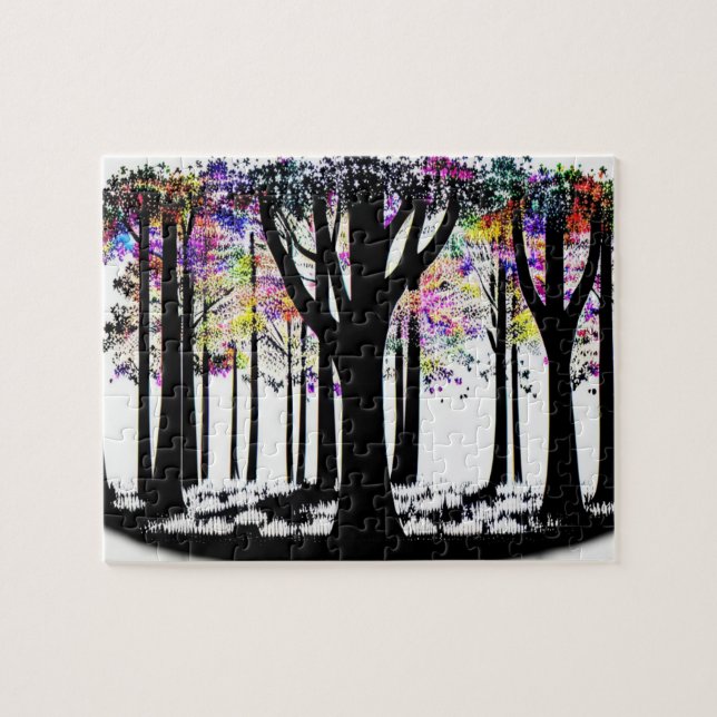 Abstract Rainbow Confetti in Silhouette Forest Jigsaw Puzzle (Horizontal)