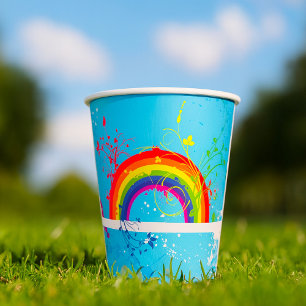 Abstract Rainbow Floral Swirls and Paint Splatter  Paper Cups