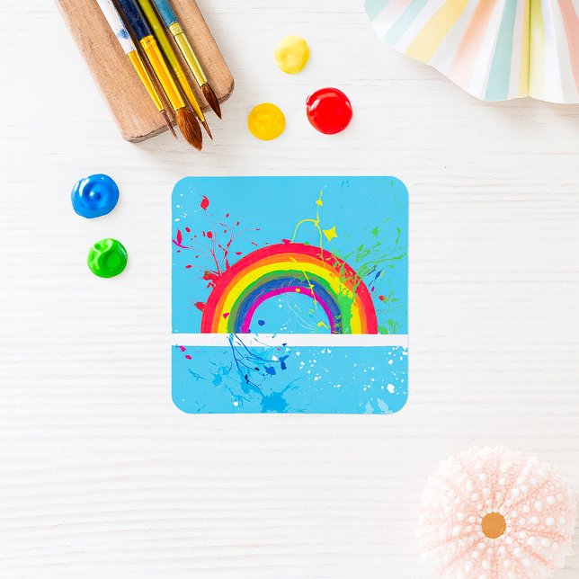 Abstract Rainbow Floral Swirls and Paint Splatter  Square Sticker (Creator Uploaded)