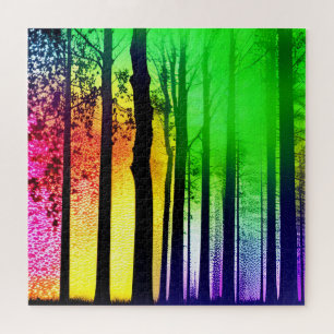 Abstract Rainbow Forest and Black Silhouette Trees Jigsaw Puzzle