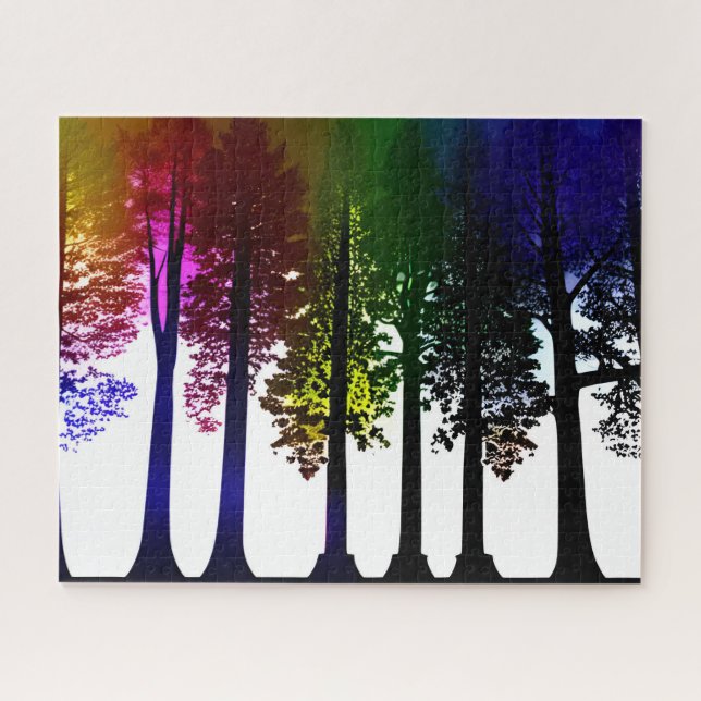 Abstract Rainbow Leaves and Black Silhouette Trees Jigsaw Puzzle (Horizontal)