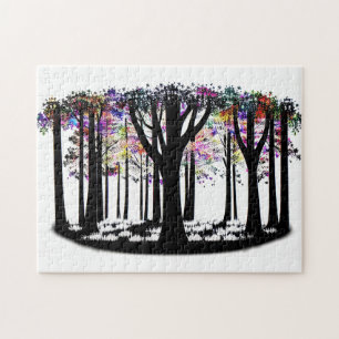 Abstract Rainbow Leaves on Silhouette Tree Forest Jigsaw Puzzle